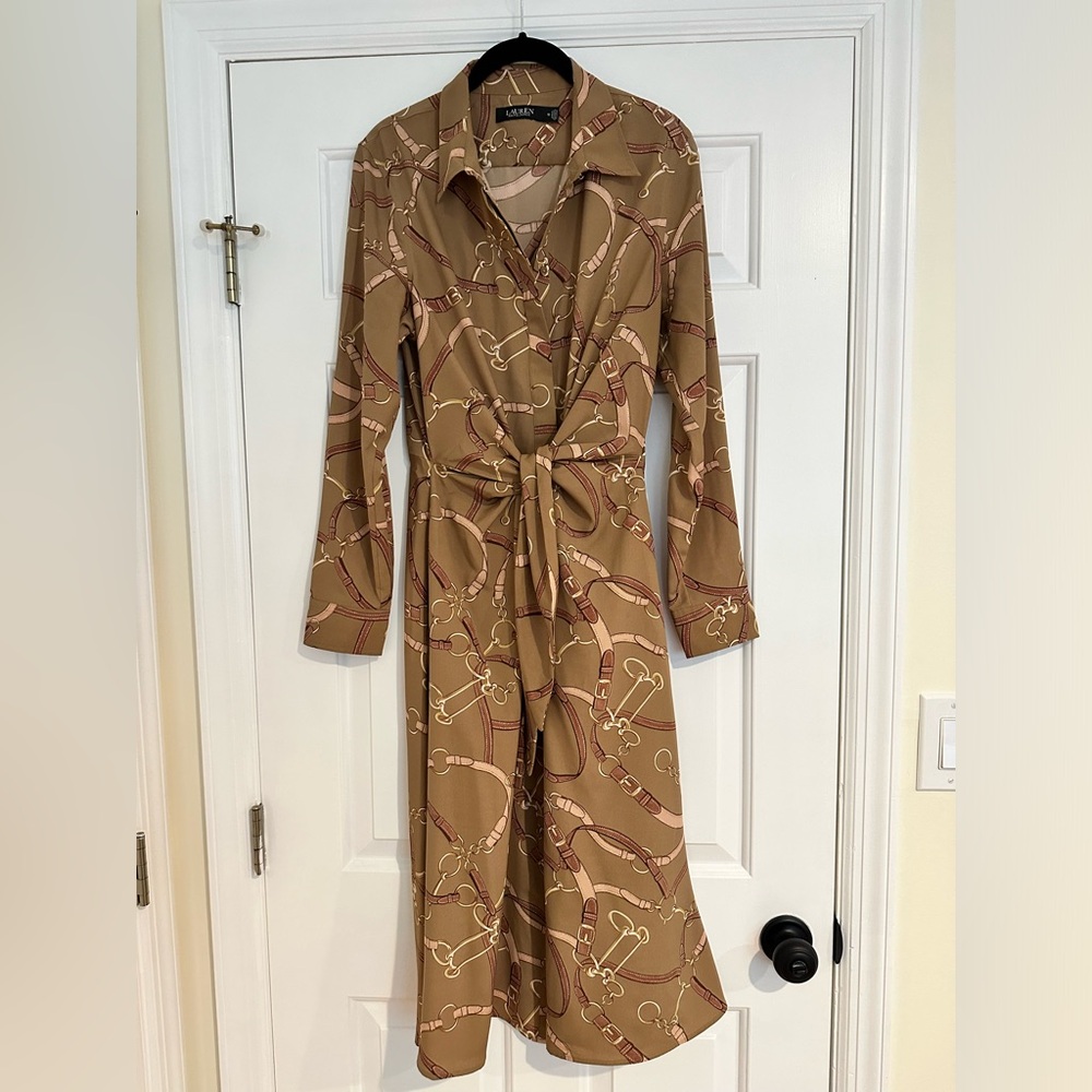 Lauren by Ralph Lauren dress. Equestrian print. Tie waist. Size 10.